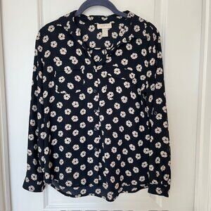 LOFT SP Navy Long Sleeve Floral Button Up Blouse